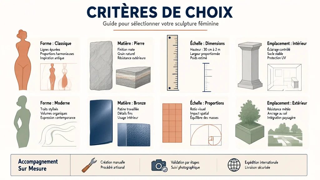 Sculpture femme : styles, matériaux et conseils de choix Infographie présentant les critères de choix d’une sculpture de femme