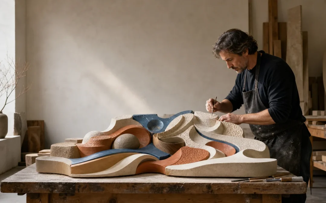 Artisan européen finalisant un décor sculpté sur mesure dans un atelier lumineux