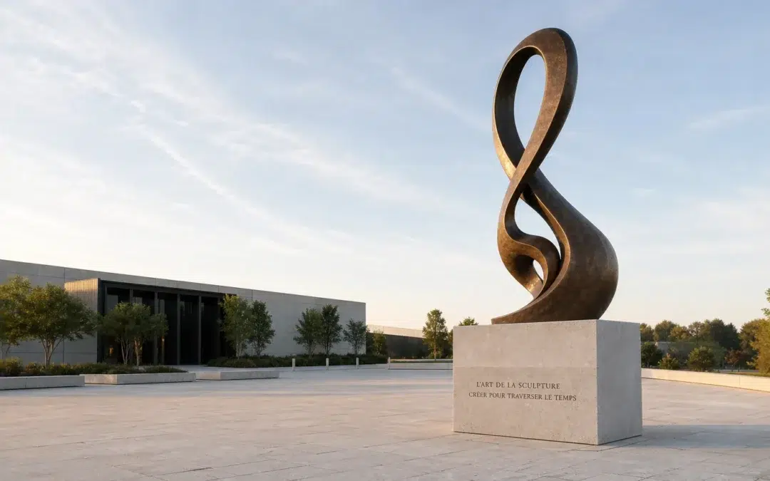 Sculpture monumentale installée dans un espace extérieur contemporain