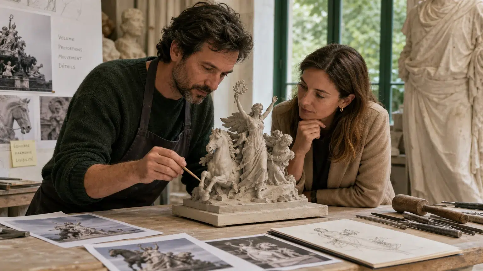 Sculpture monumentale : quel devis pour votre projet ? Validation d’une maquette de sculpture monumentale dans un atelier