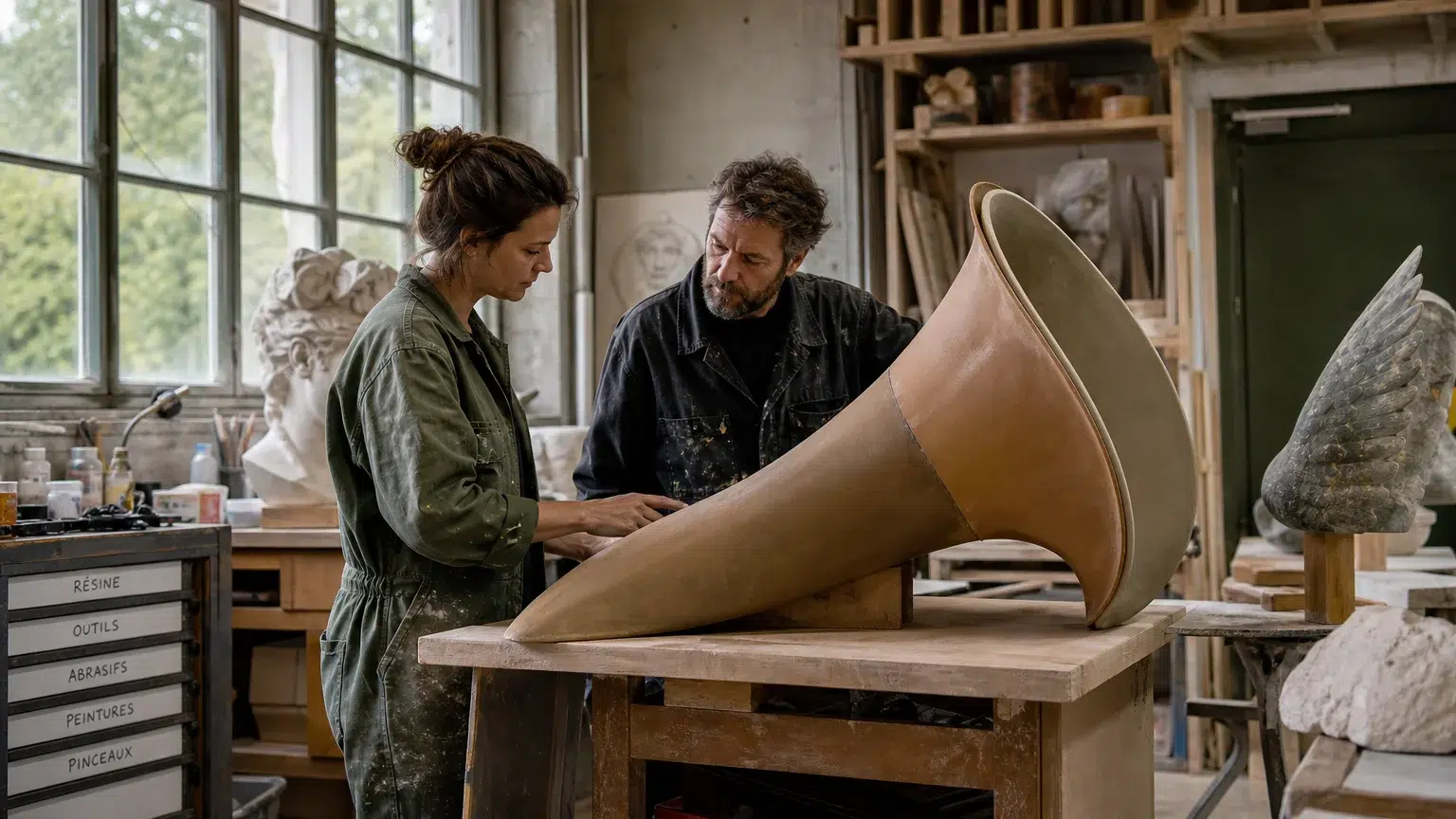 Objet géant design : méthode pour créer une pièce XXL Artisans européens travaillant sur une maquette d’objet géant dans un atelier
