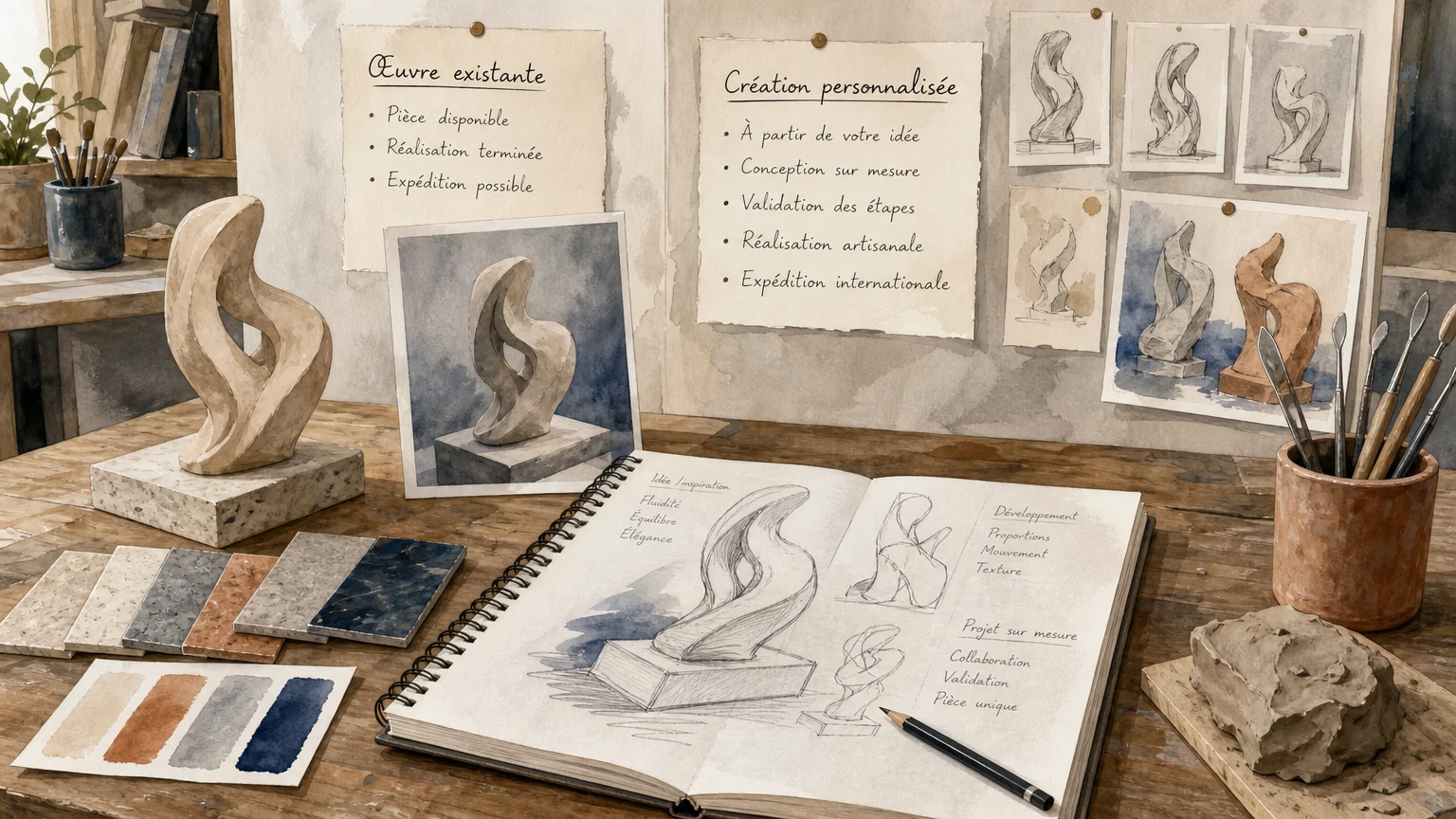 Artfinder ou Lez’Arts du Parc : quel choix artistique ? Table d’atelier présentant une sculpture, une image de référence et des choix de personnalisation