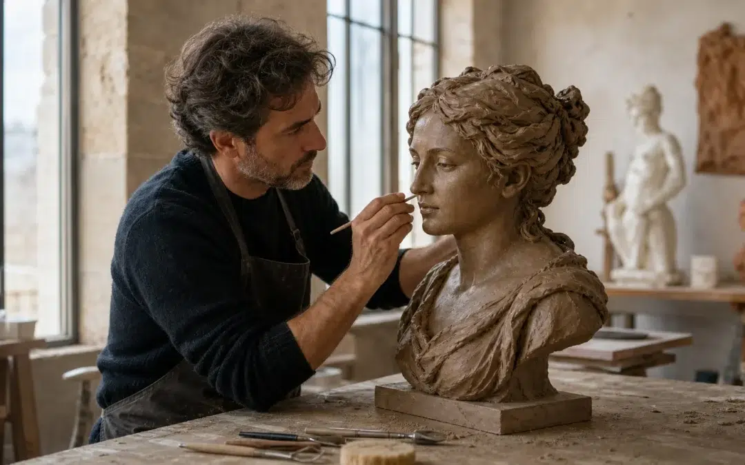 Artisan européen réalisant une reproduction de sculpture dans un atelier professionnel