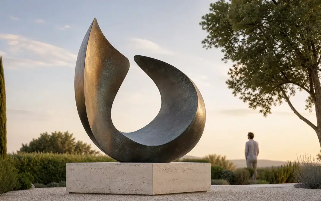 Sculpture monumentale en métal patiné dans un jardin contemporain français