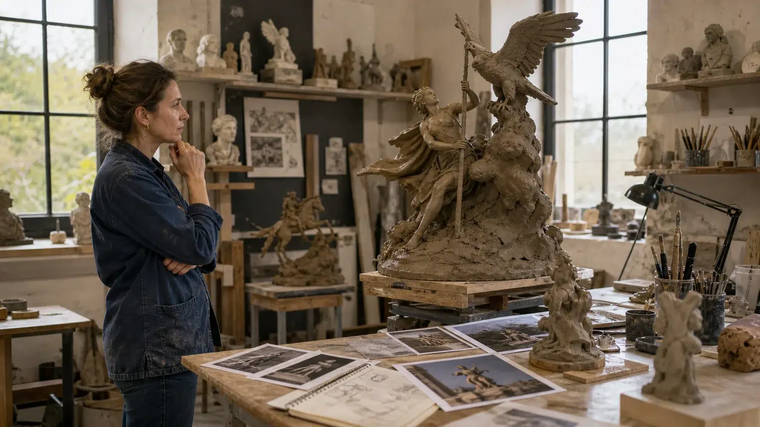 Sculpture grand format en France : guide du projet sur mesure Artisane européenne concevant une sculpture grand format à partir de photographies dans un atelier