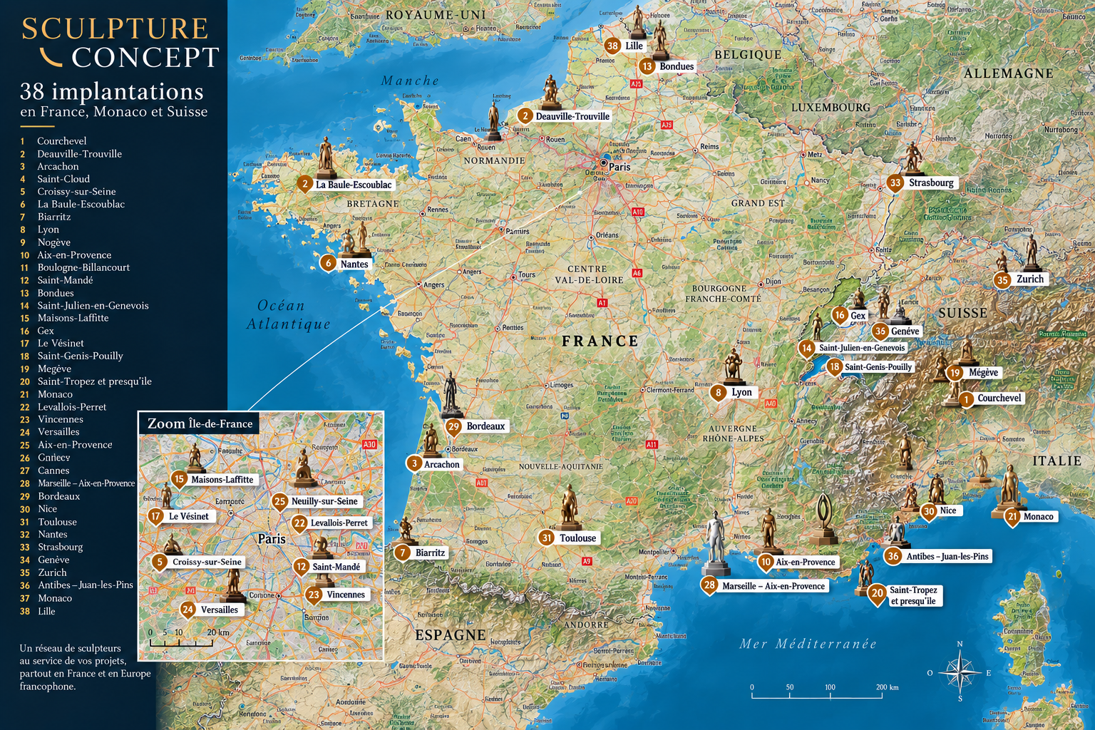 Nos implantations Carte des 38 implantations de Sculpture Concept en France, Monaco et Suisse — cliquez pour agrandir